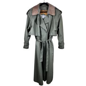 Gallery Green Long Trench Coat Size 12 Removable Lining Leather Contrast